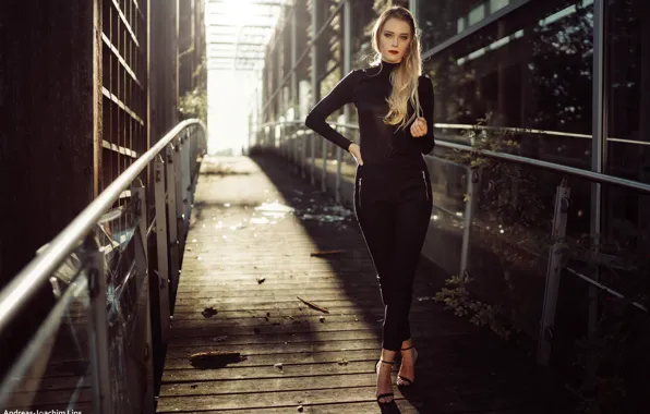 Girl, pose, portrait, figure, blonde, in black, bokeh, Luisa Bergy