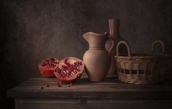 Table, vase, pitcher, still life, basket, grenades, vessel, ceramics