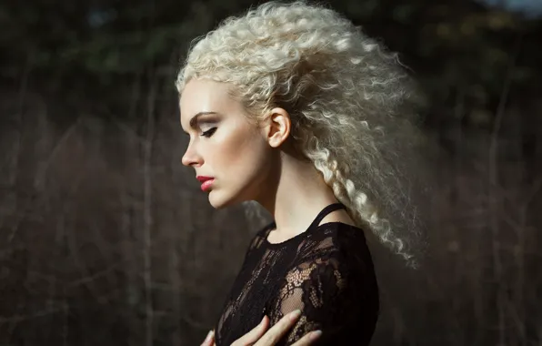 Picture girl, face, style, mood, makeup, profile, curls, Olga Gridina
