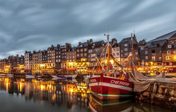 Night, lights, boat, France, home, pier, port, Honfleur