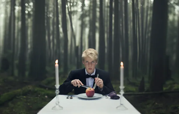 Table, apples, candles, guy