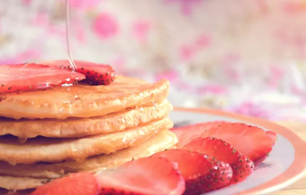 Strawberry, plate, syrup, pancakes