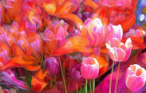 Abstraction, rendering, petals, garden, tulips, flowerbed