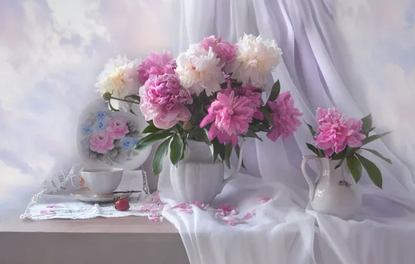 Picture flowers, Cup, still life, peonies, fabric, pitchers, drape, Valentina Fencing