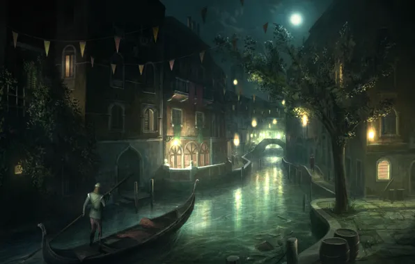 Night, the city, the moon, boat, Venice, Assassin's Creed 2