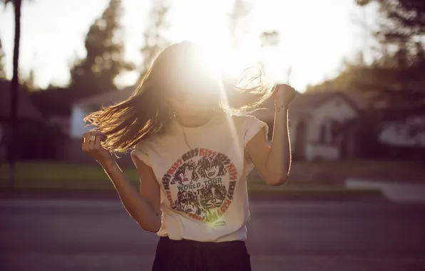 Picture girl, the sun, pose, hair, tattoo, t-shirt, tattoo