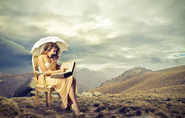 Picture landscape, emotions, Girl, surprise, chair, umbrella, book, delight