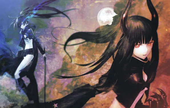 Weapons, girls, sword, horns, cloak, red eyes, black rock shooter, long hair