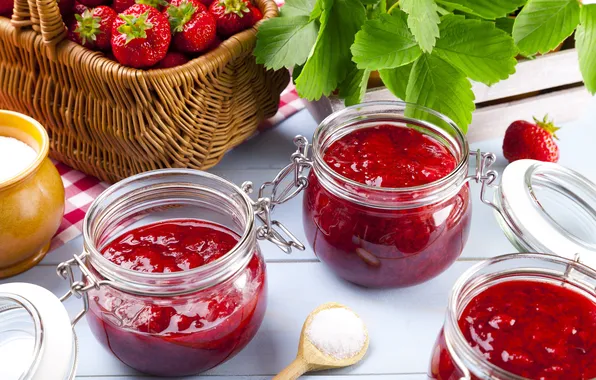 Picture strawberry, sugar, leaves, strawberry jam