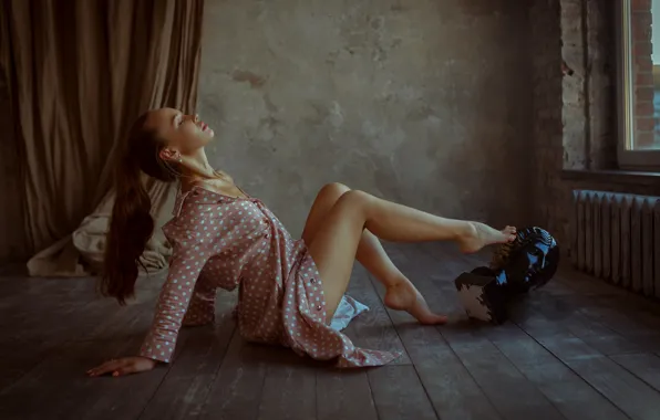 Girl, pose, Board, legs, long hair, on the floor, closed eyes, Denis Kotov