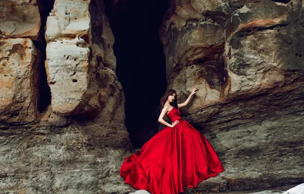 Picture look, girl, pose, stones, mood, rocks, hands, Asian