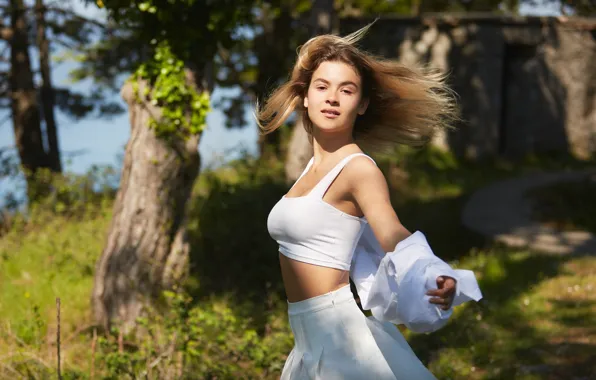 Girl, nature, top, skirt, brown-haired