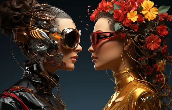 Girl, flowers, fantasy, girls, robot, glasses, pair, gear