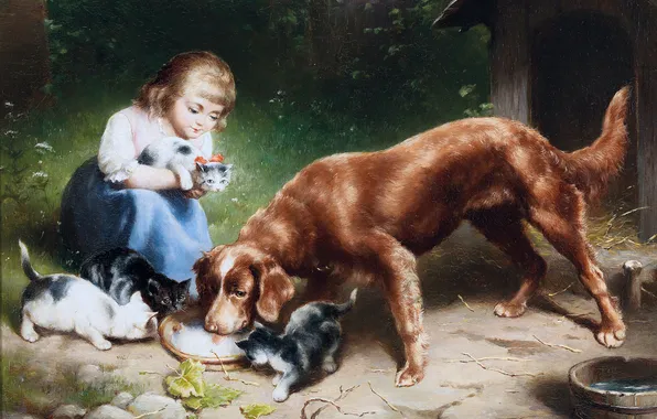 Dog, Cats, Picture, Girl, Carl Reichert, Carl Reichert, Austrian artist, Dinner party