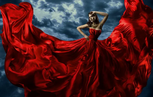 Picture look, decoration, background, train, hands, makeup, red dress