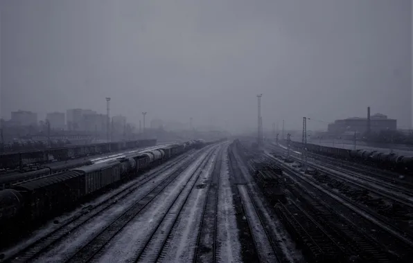 Picture winter, snow, the way, rails, cars, trains, tank, railway station