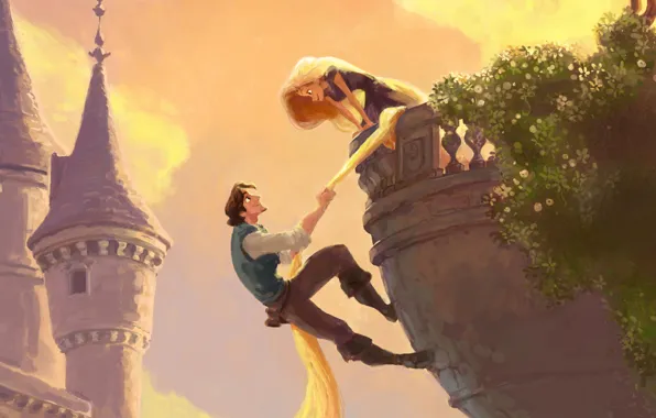 Tower, balcony, long hair, Rapunzel, tangled, Flynn