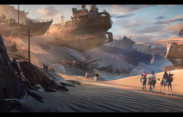 Sand, desert, caravan, skeletons, Ship Graveyard