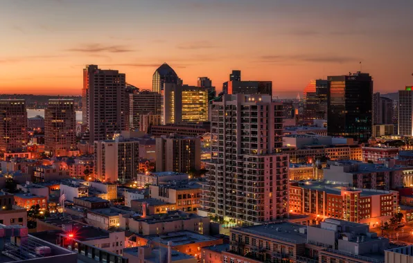Picture sunset, the city, lights, river, home, the evening, USA, San Diego