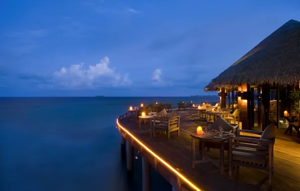 Picture the ocean, the evening, pier, restaurant, The Maldives, resort, Bungalow