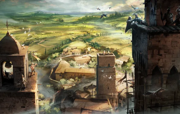 Birds, murder, tower, landscape. summer, Assasins creed