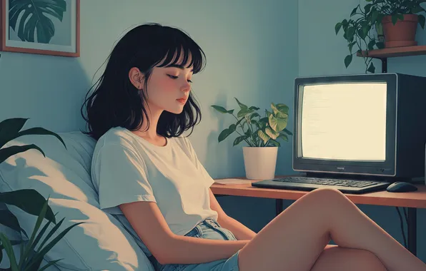 Picture girl, beautiful, monitor, cosiness