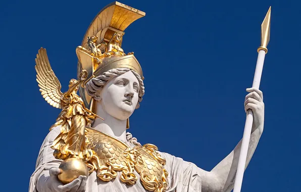 The sky, sunlight, the statue of the goddess Pallas Athena, Golden armor, white marble, The …