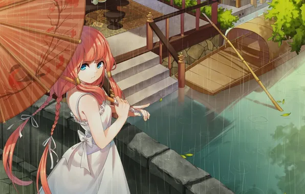 Picture girl, bridge, rain, boat, umbrella, ladder, channel, braids