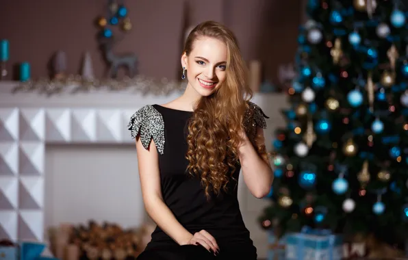 Girl, smile, holiday, new year, makeup, dress, hairstyle, tree