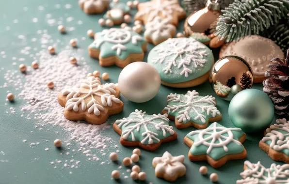 Balls, snowflakes, cookies, Christmas, New year, needles, Christmas decorations, glaze