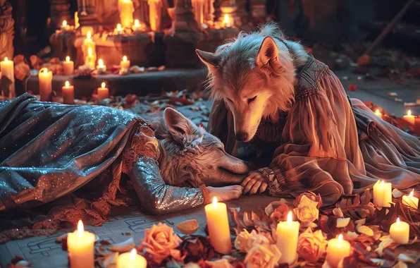 Sadness, dogs, love, flowers, lights, pose, death, fantasy