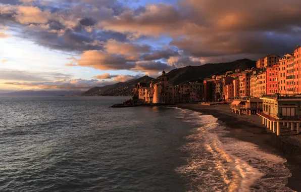 Picture sea, beach, sunset, shore, Italy, Italy, travel, Camogli
