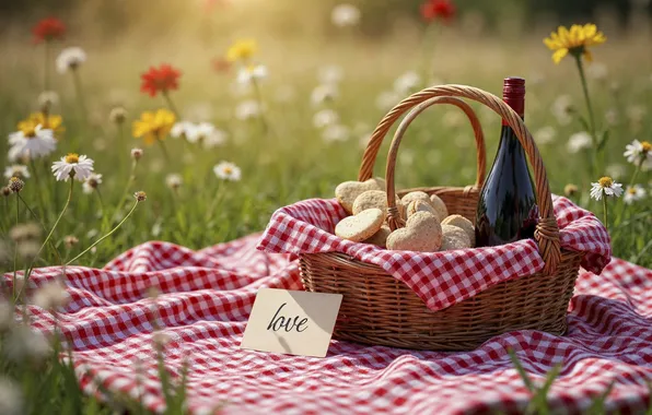 Summer, love, wine, basket, summer, love, picnic, date