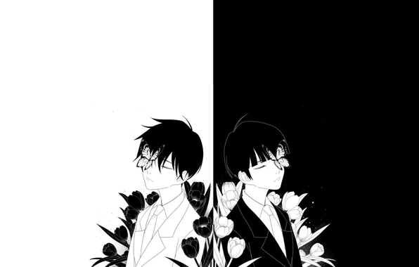 Flowers, minimalism, guys, brothers, black and white, Mob Psycho 100, Mob psycho 100