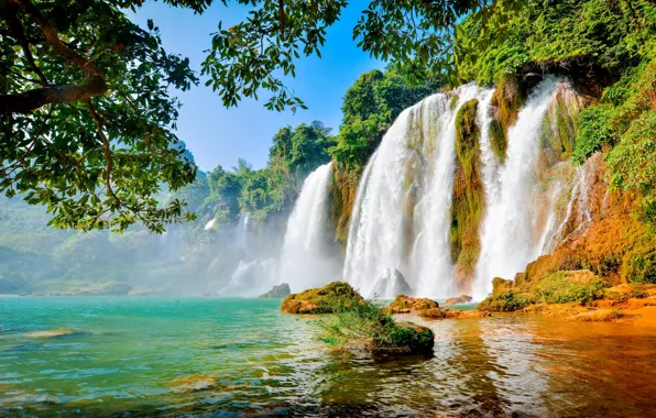 The sky, trees, mountains, nature, waterfall, beauty, forest, pond