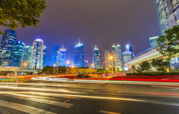 Night, the city, lights, skyscrapers, China, Shanghai