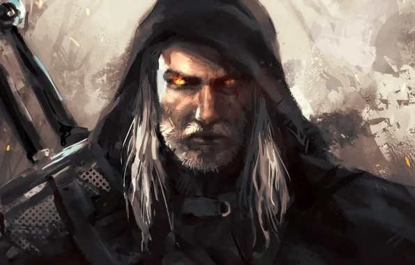 Sword, art, hood, beard, The Witcher, The Witcher, Geralt of Rivia, Geralt of Rivia