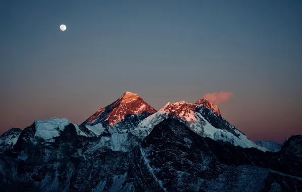Winter, the sky, snow, mountains, nature, rocks, the moon, the full moon