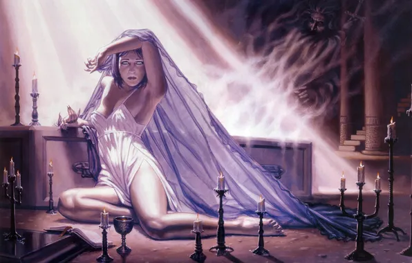 Picture girl, figure, candles, art, the crypt, Dorian Cleavenger, Death Of A Vampire