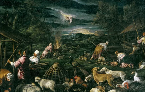 Picture animals, people, God, picture, the Bible, mythology, Francesco Bassano, Noah The Flood The Poll