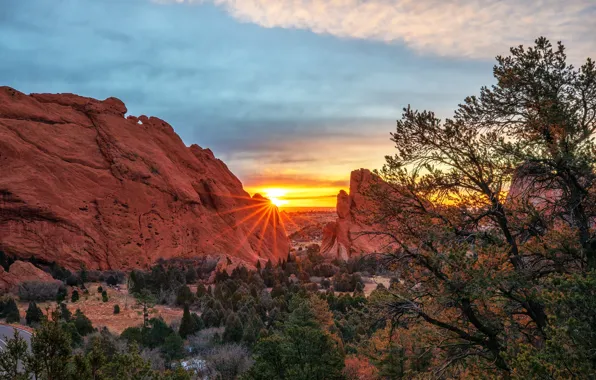 Forest, the sun, mountains, rocks, canyons