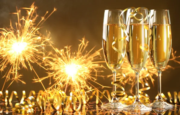 Picture New Year, glasses, golden, champagne, serpentine, New Year, sparklers, celebration
