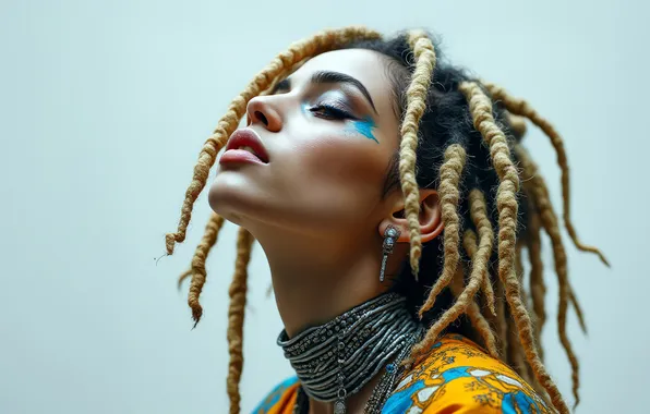 Look, girl, face, portrait, hairstyle, braids, dreadlocks, blue background