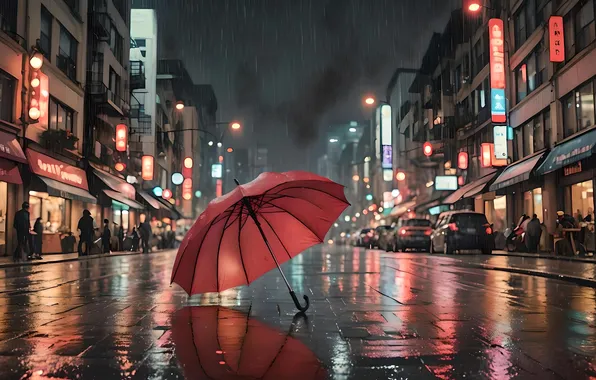 Road, machine, night, the city, lights, reflection, people, rain