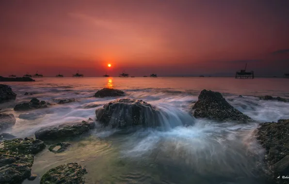 Sea, the sky, sunset, stones, Indonesia, Anton Raharja