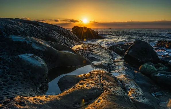 Sea, sunset, stones, coast