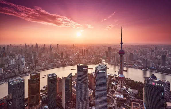The sun, the city, river, China, Shanghai