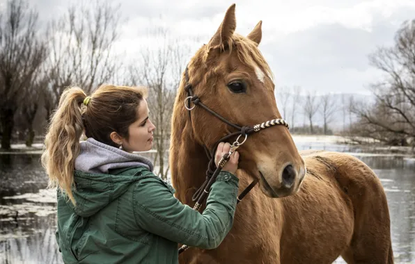 Autumn, girl, horse, horse, jacket, communication