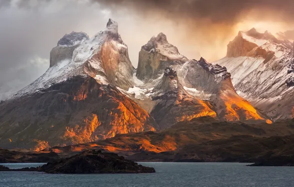 Picture sky, sea, landscape, nature, sunset, clouds, snow, Mountains