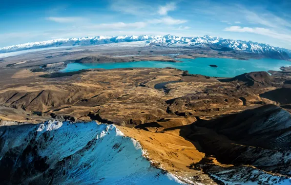 Picture the sky, clouds, snow, mountains, lake
